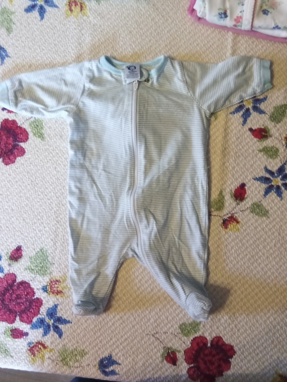 Gerber Mint Green and White Striped Baby Zip Footed One-Piece